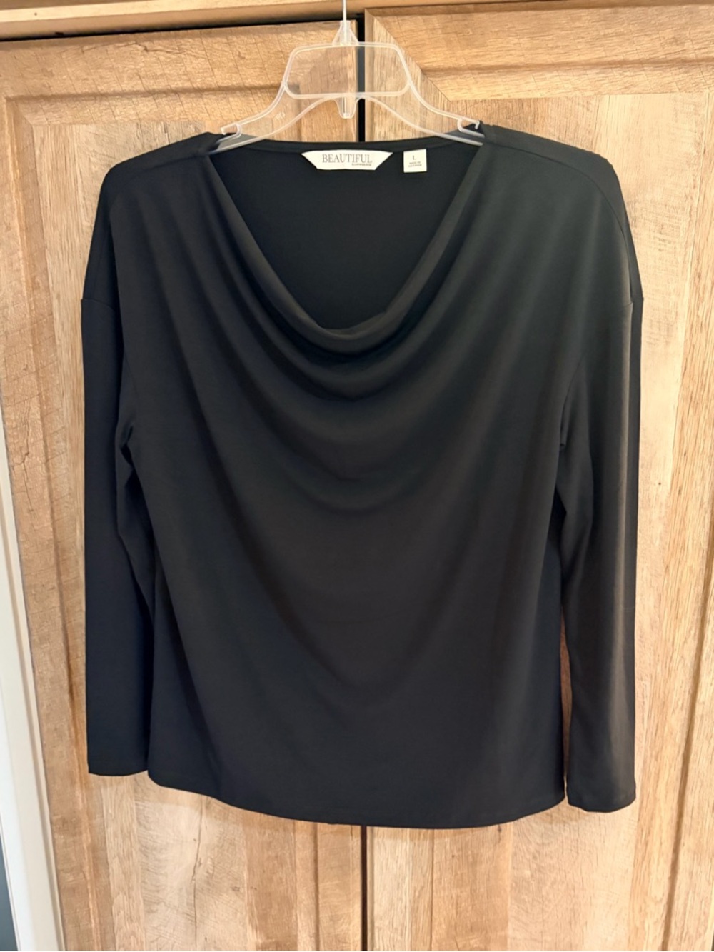 Beautiful Large Black Draped Neck Long Sleeve Top poly spandex